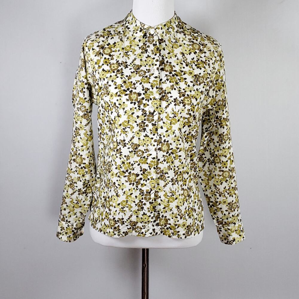 Vintage 70s 80s Button Down Blouse Retro Peter Pan Floral Yellow Green Sz 10